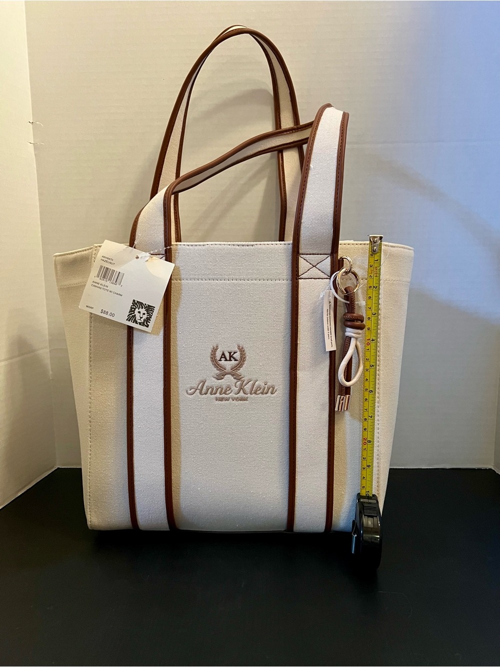 Anne Klein Cream Canvas Tote with Brown Trim and Double Handles
